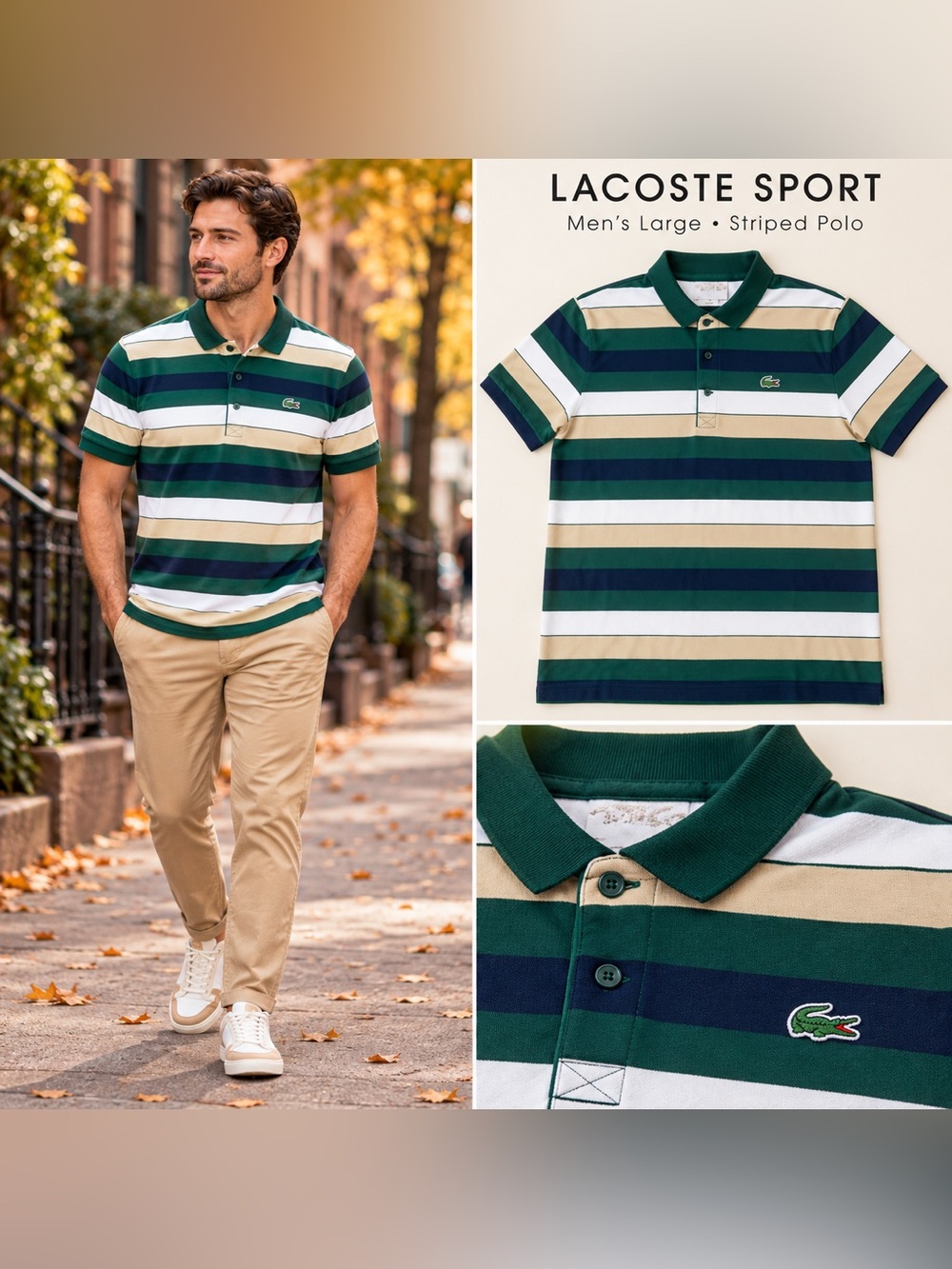 Lacoste Men’s Green & Navy Striped Polo Shirt Size Large